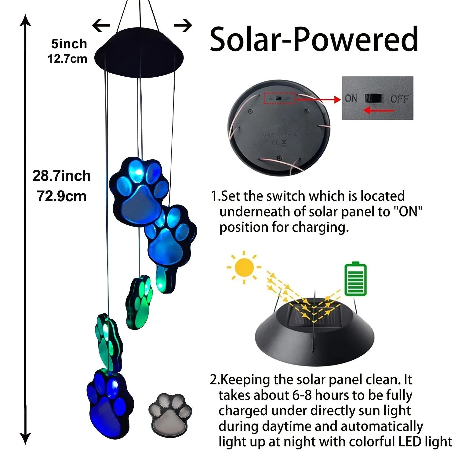 Solar Powered Lighted Paw Print Windchime