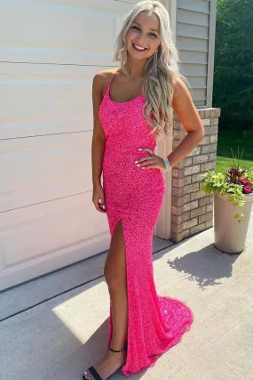 Sparkly Mermaid Sequined Sleeveless Long Prom Dress with Slit Hot Pink Formal Evening Gowns OK1385