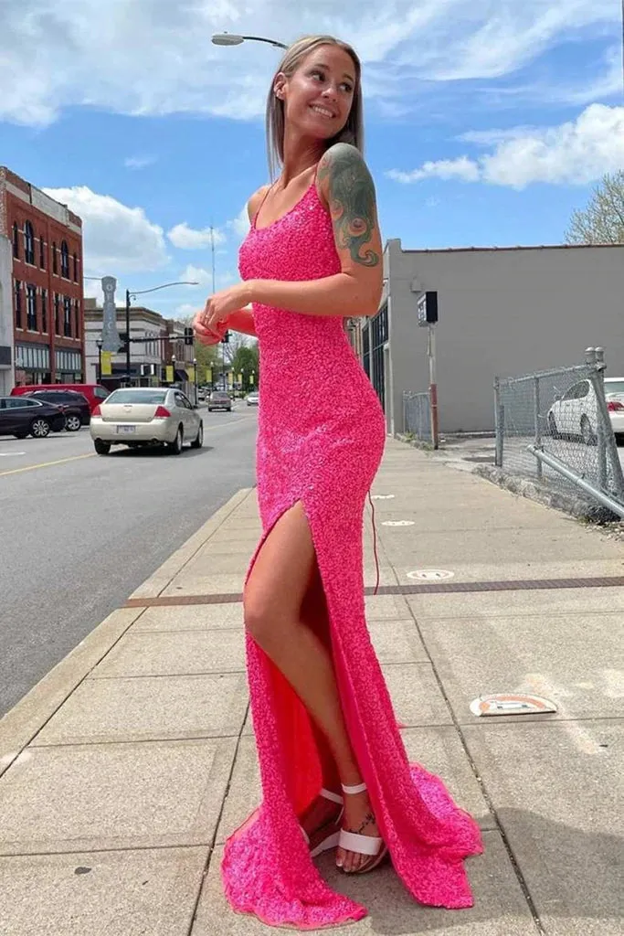 Sparkly Mermaid Sequined Sleeveless Long Prom Dress with Slit Hot Pink Formal Evening Gowns OK1385