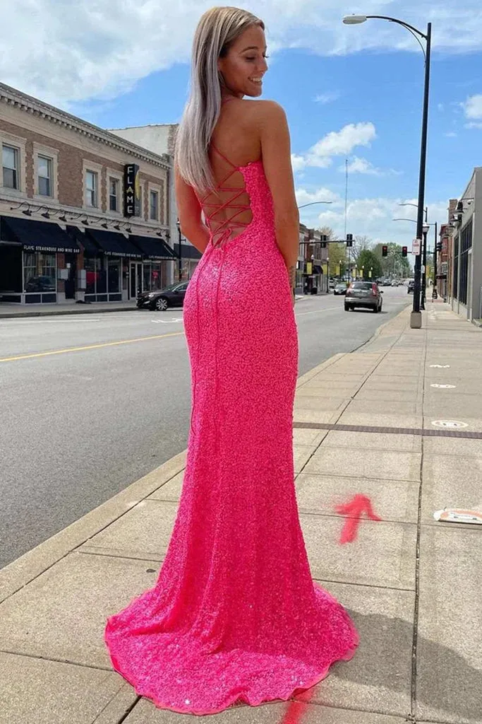 Sparkly Mermaid Sequined Sleeveless Long Prom Dress with Slit Hot Pink Formal Evening Gowns OK1385