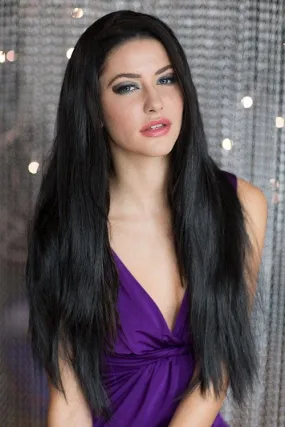 Straight black half wig hairpiece extension (3/4 wig): Theda