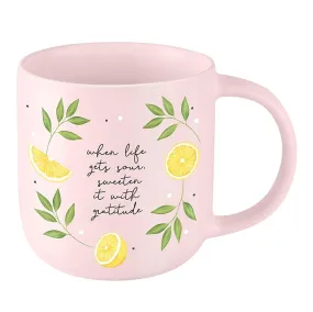 Sweeten It with Gratitude Lemon Stoneware Mug in Pink | Coffee Tea Cup | 18oz