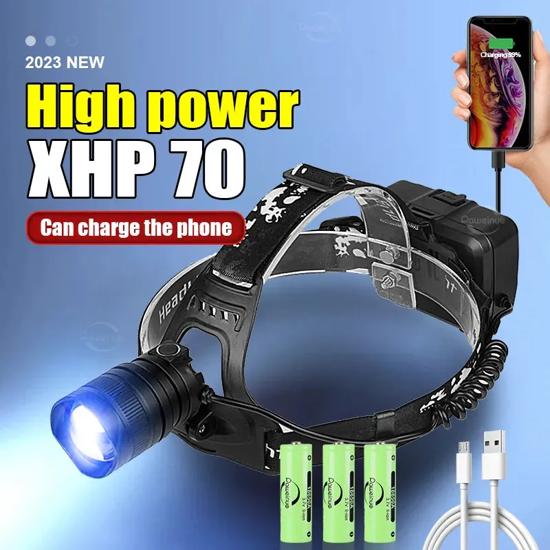 Ultra Powerful Rechargeable Headlamp XHP70 Led Headlight Flashlights 18650 Hiking Fishing Front Light Camping Head Lantern Torch