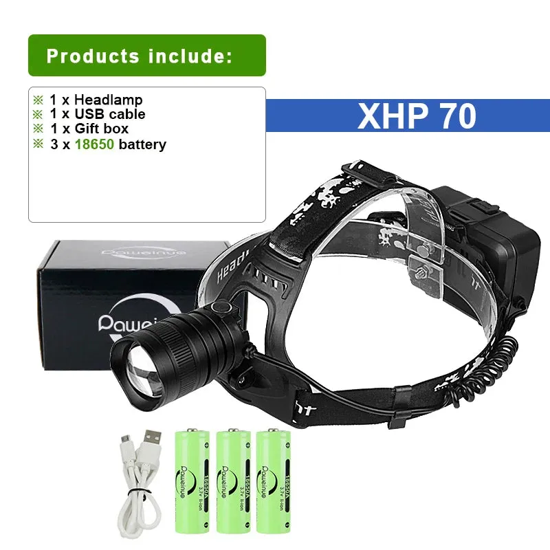 Ultra Powerful Rechargeable Headlamp XHP70 Led Headlight Flashlights 18650 Hiking Fishing Front Light Camping Head Lantern Torch