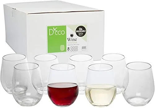 Unbreakable Wine Glasses - 100% Tritan - Shatterproof, Reusable, Dishwasher Safe (Set of 8 Stemless) by D'Eco