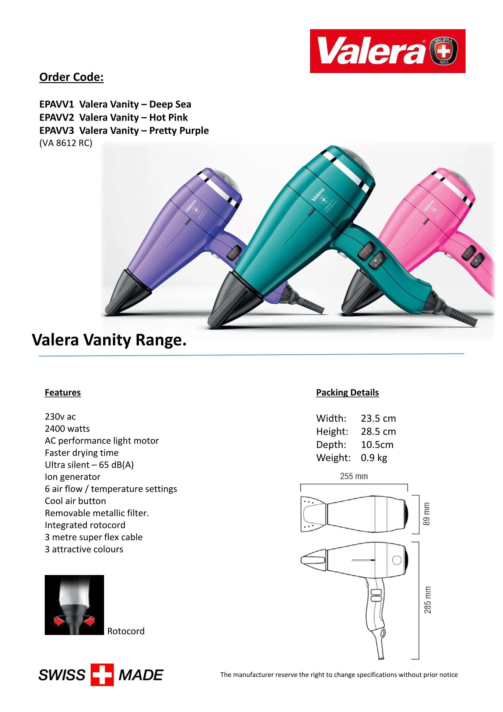 Valera VANITY Performance Professional Hair Dryer | EPAVV1 / EPAVV2 / EPAVV3