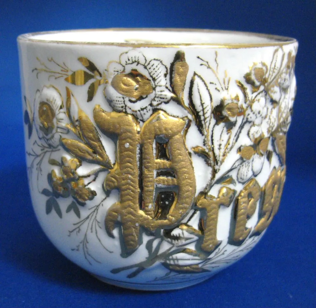 Victorian Souvenir Mustache Mug A Present Raised Gold Letters 1890s