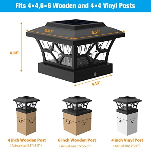 VOLISUN Solar Post Cap Lights 4x4/6x6,Outdoor Fence Post Cap Lights,Vinyl Fence Post Solar Lights White/Black Wooden Solar Powered Deck Post Lights for Dock Waterproof 2 Color Modes 4Pack