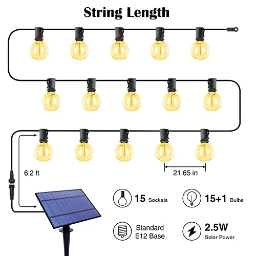 ZJOJO 35FT Solar String Lights for Outside, G40 Outdoor String Lights Solar Powered Globe Patio Lights with 15 Edison Glass Bulbs, Warm 2700K Shatterproof Hanging Solar Lights for Porch Garden Bistro